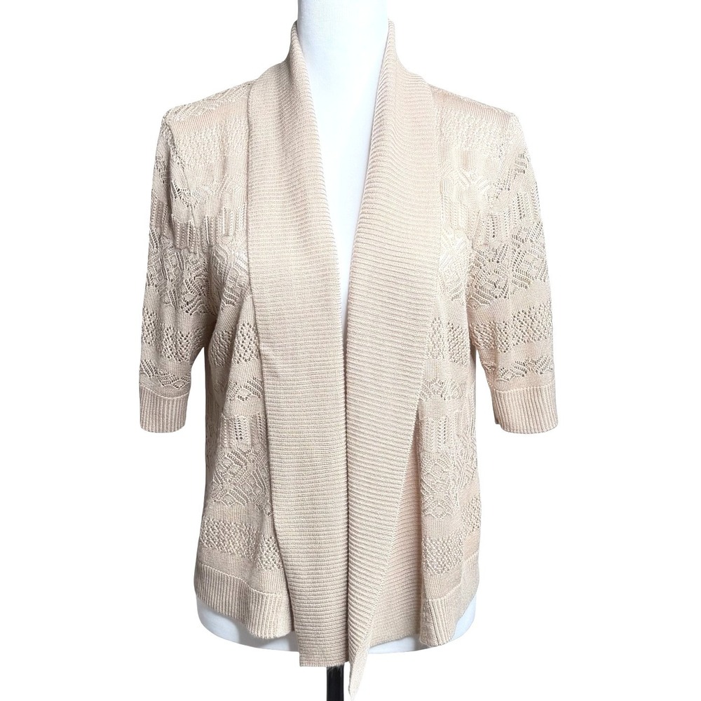 Linda Matthews New York Open Front Pointelle Knit‎ Cardigan Tan Womens Large